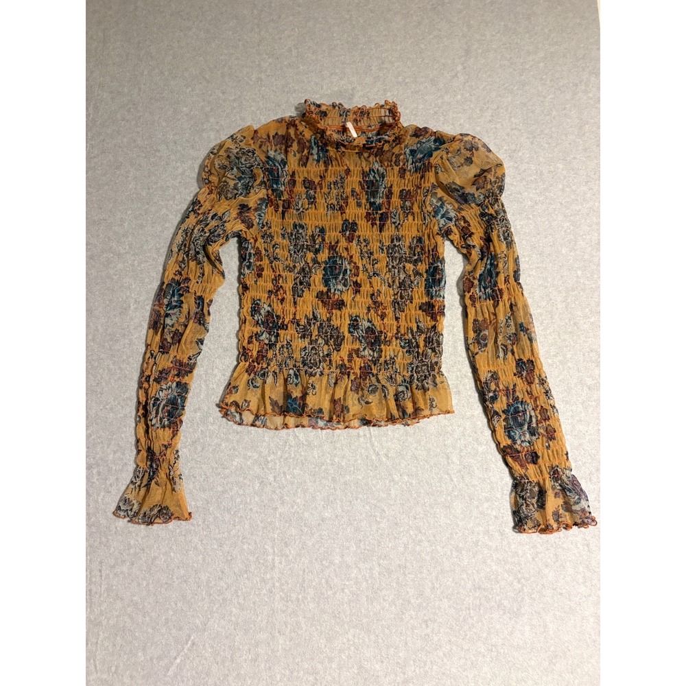Free People Smocked Mesh Top Womens Small Yellow Floral Excellent Mock Neck Boho